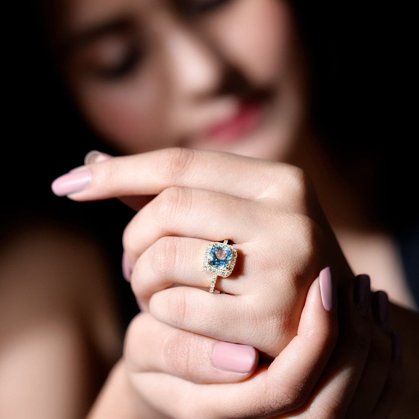 2 Carat Cushion Cut Sky Blue Topaz and Diamond Engagement Ring