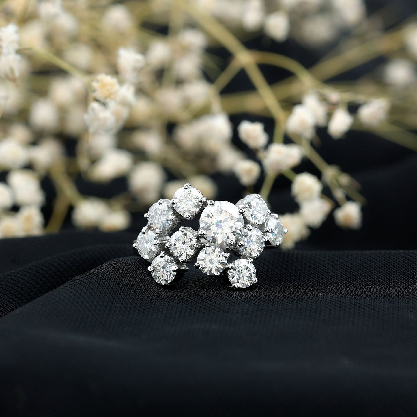 Certified Moissanite Cluster Statement Ring in Silver