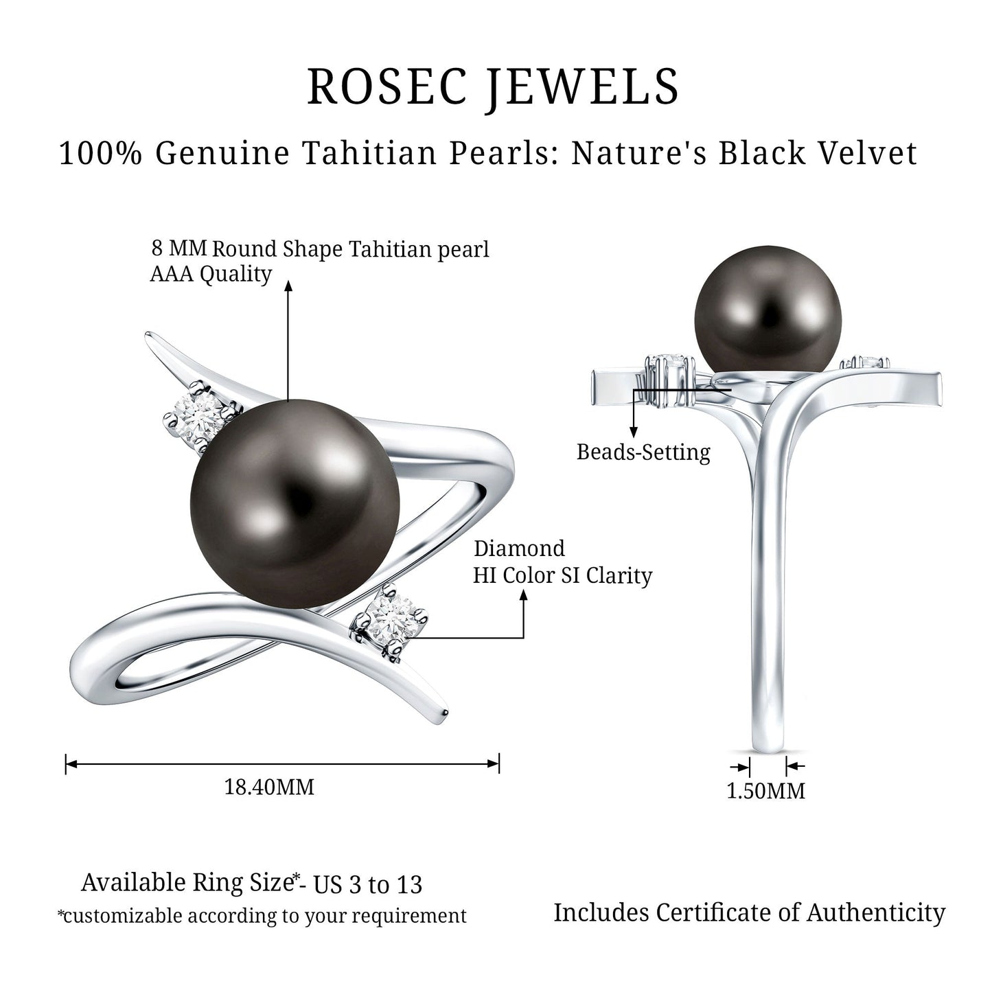 Tahitian Black Pearl Bypass Engagement Ring with Diamond