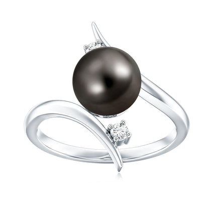 Tahitian Black Pearl Bypass Engagement Ring with Diamond