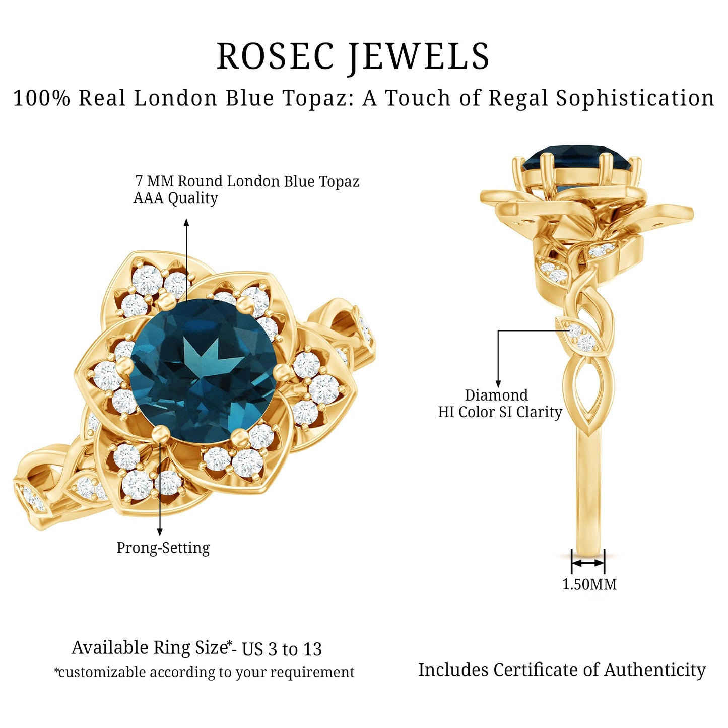 London Blue Topaz and Diamond Cocktail Flower Engagement Ring