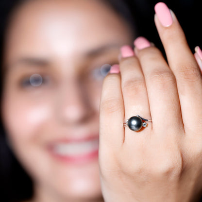 Natural Tahitian Black Pearl Diamond Vintage Engagement Ring