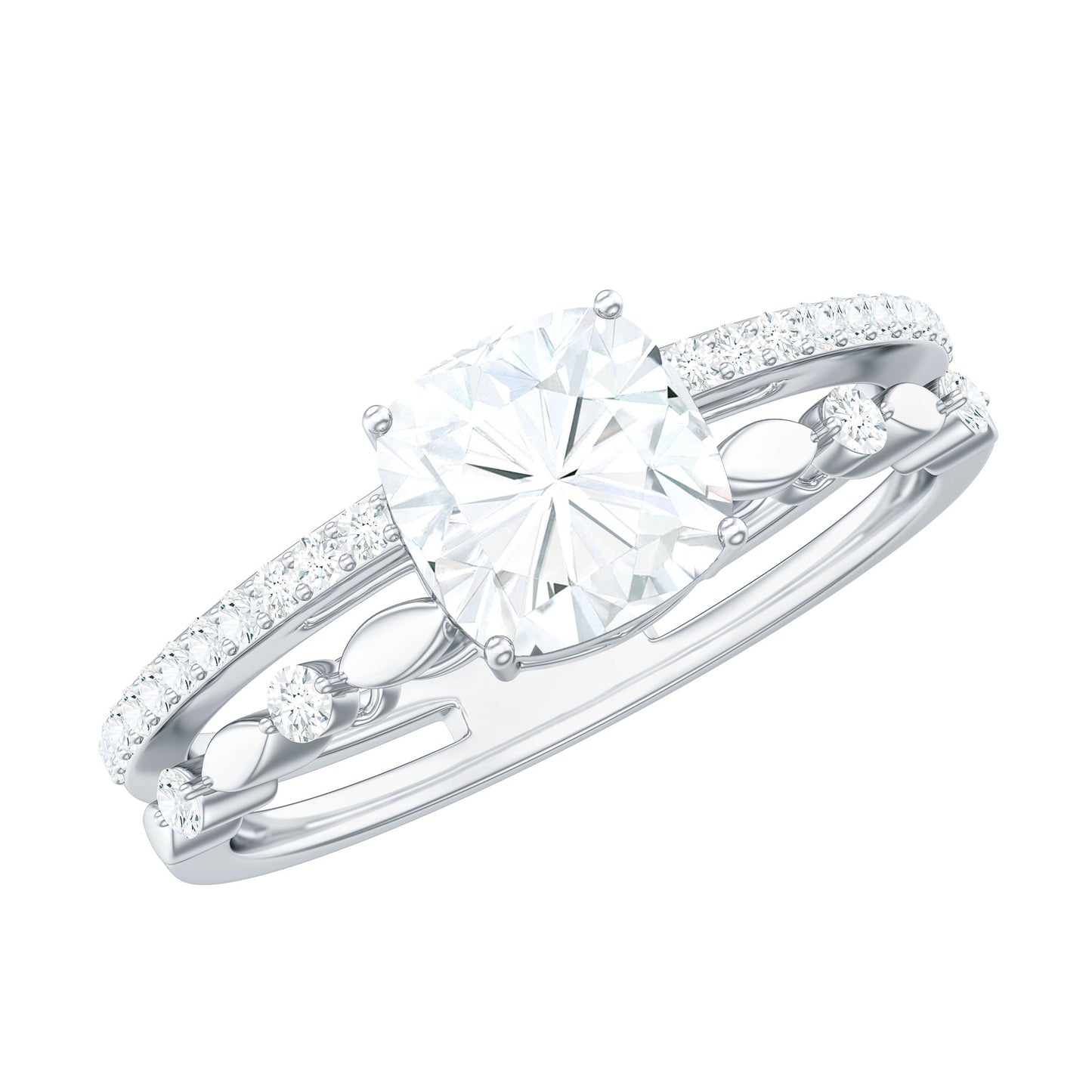 1.7 Carat Cushion Cut Moissanite Solitaire Double Band Engagement Ring