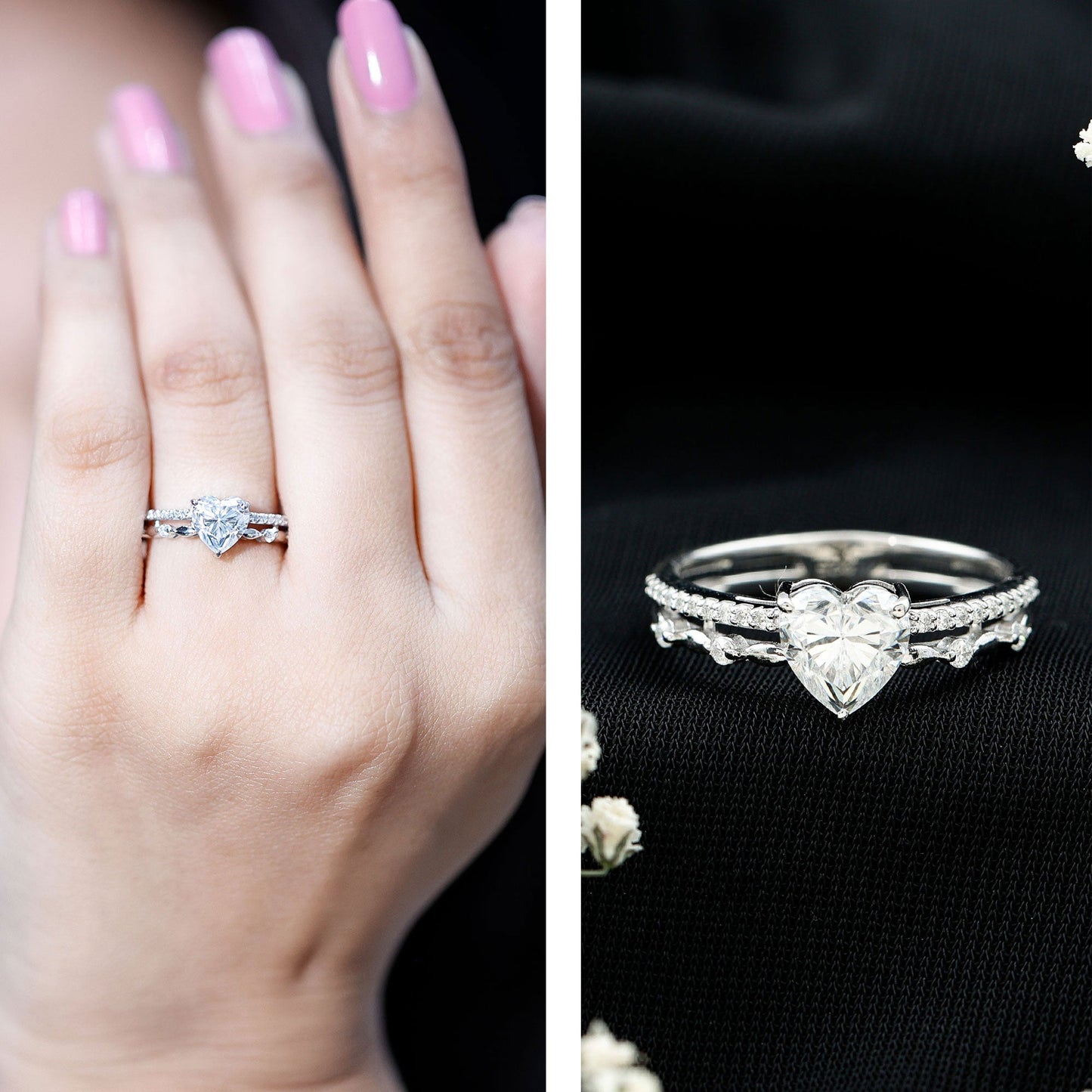 1.5 Carat Heart Moissanite Solitaire Double Band Ring Set