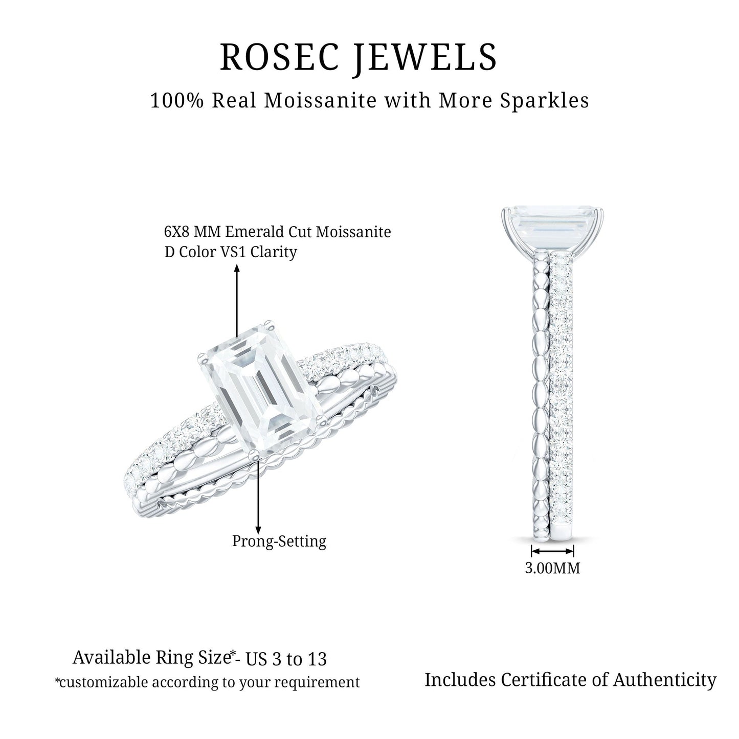Certified 1.8 Carat Emerald Cut Moissanite Solitaire Engagement Ring
