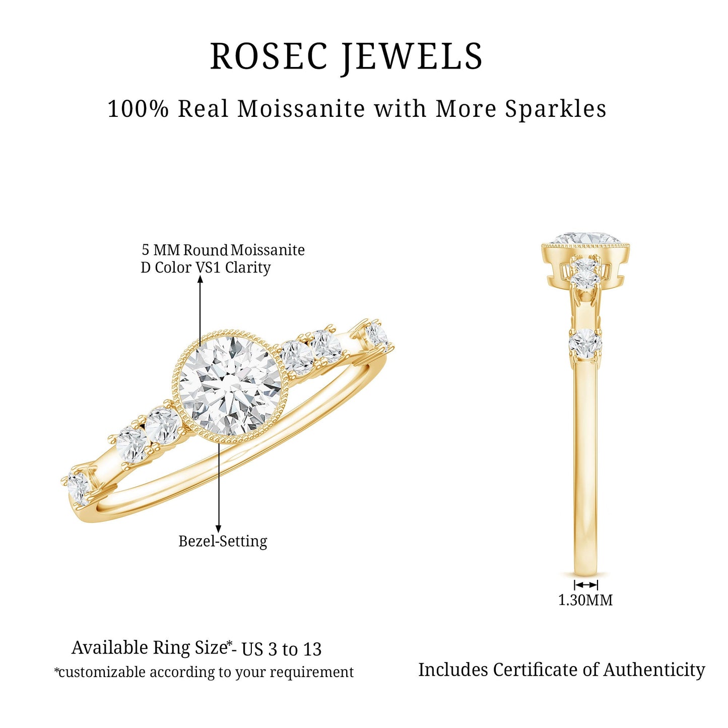 0.5 Carat Round Certified Moissanite Solitaire Engagement Ring in Bezel Setting