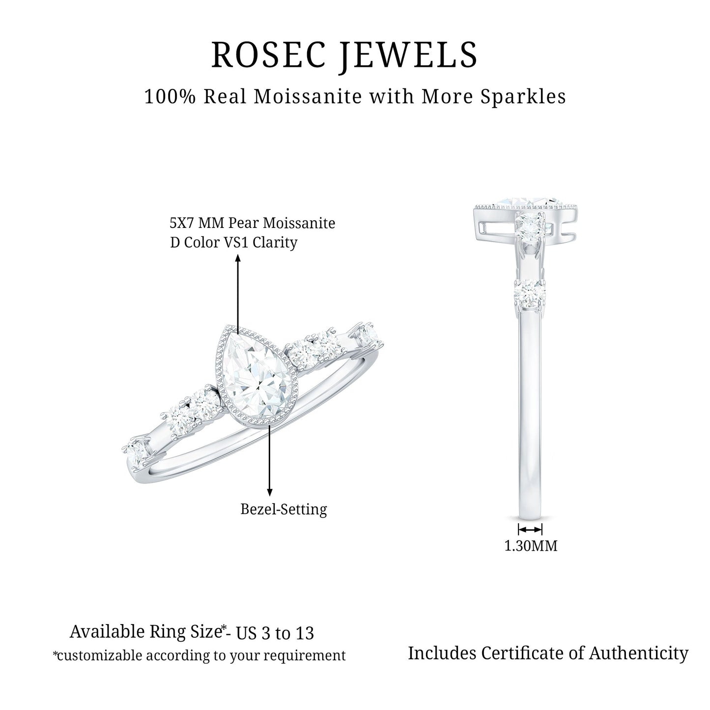 0.7 Carat Pear Cut Moissanite Solitaire Engagement Ring with Beaded Details