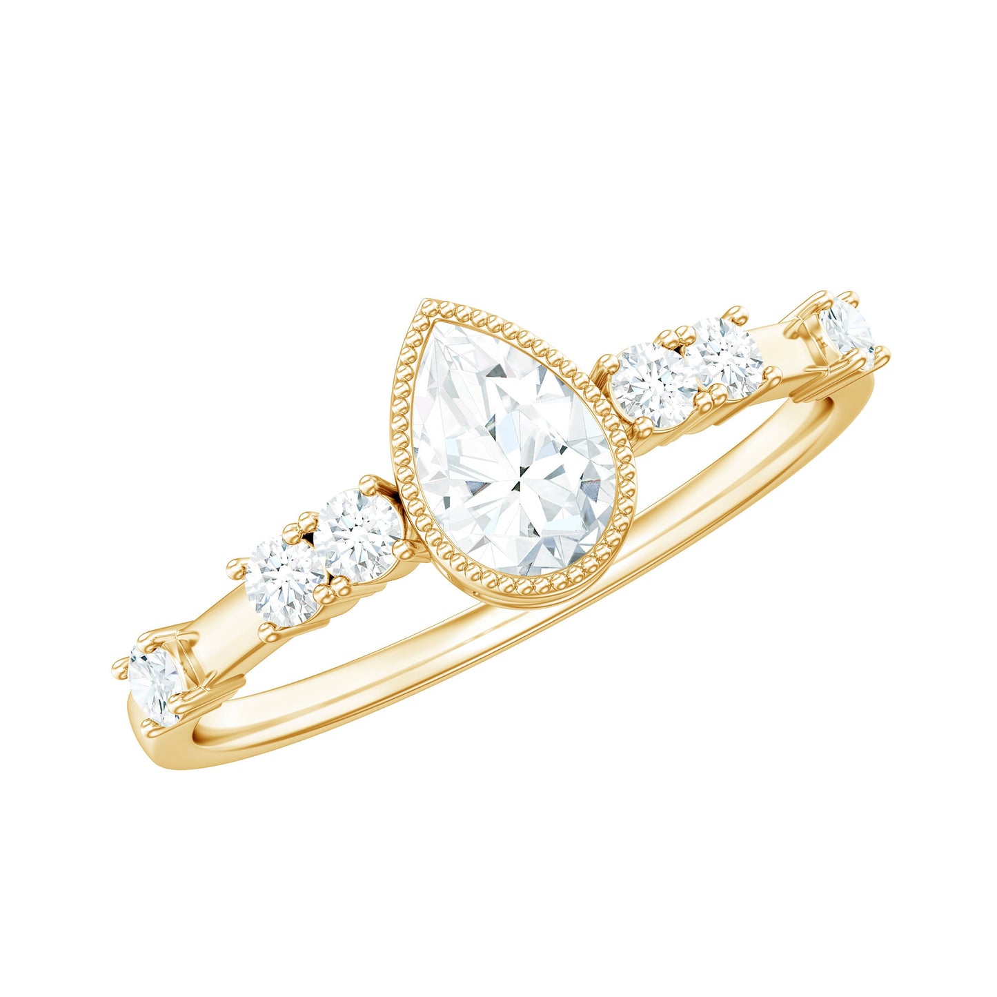0.7 Carat Pear Cut Moissanite Solitaire Engagement Ring with Beaded Details