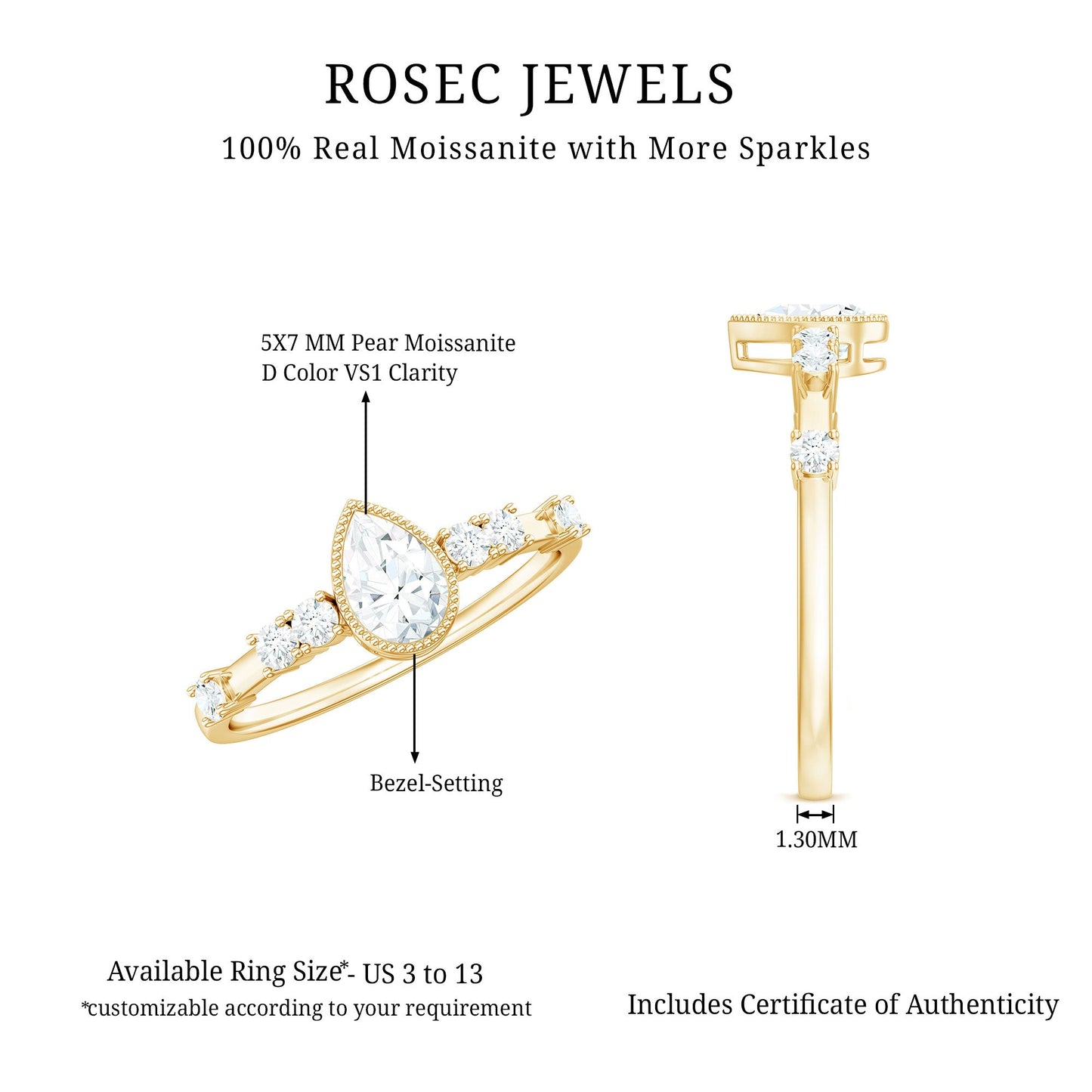 0.7 Carat Pear Cut Moissanite Solitaire Engagement Ring with Beaded Details