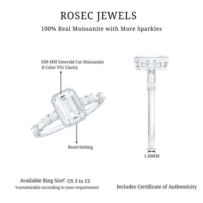 Womens Moissanite 1.8 Carat Emerald Cut Engagement Ring in Bezel Setting
