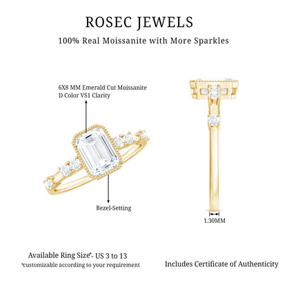 Womens Moissanite 1.8 Carat Emerald Cut Engagement Ring in Bezel Setting