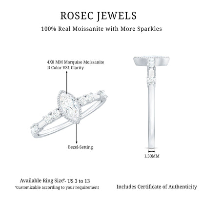 Marquise Cut Moissanite Beaded Solitaire Ring
