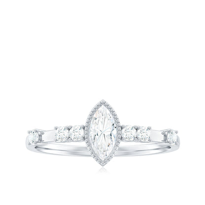 Marquise Cut Moissanite Beaded Solitaire Ring