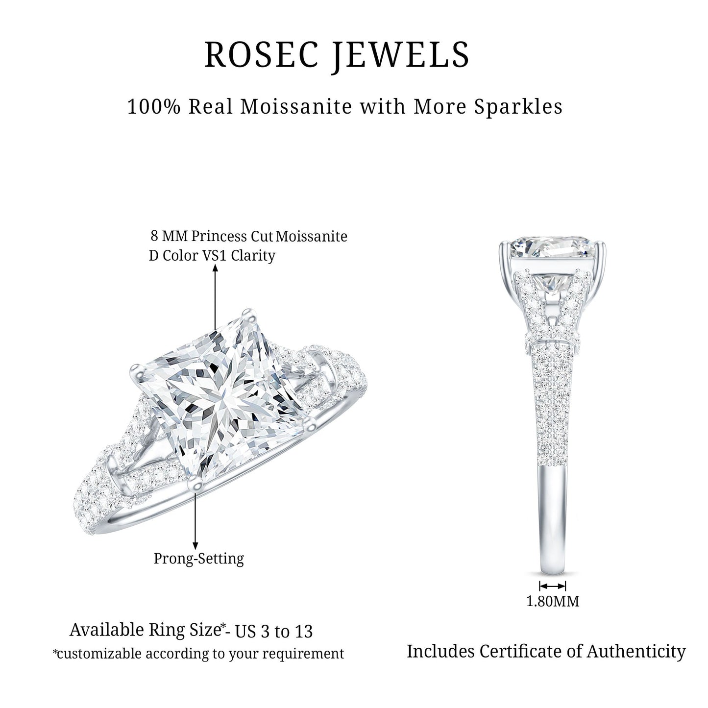 3 Carat Princess Cut Moissanite Solitaire Engagement Ring in Split Shank