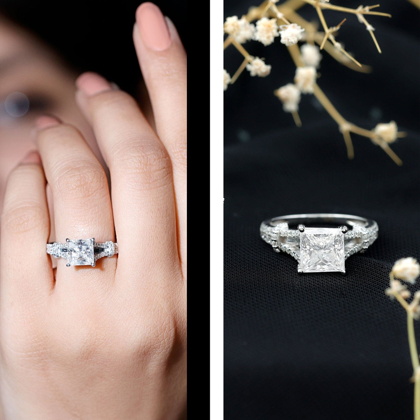 3 Carat Princess Cut Moissanite Solitaire Engagement Ring in Split Shank
