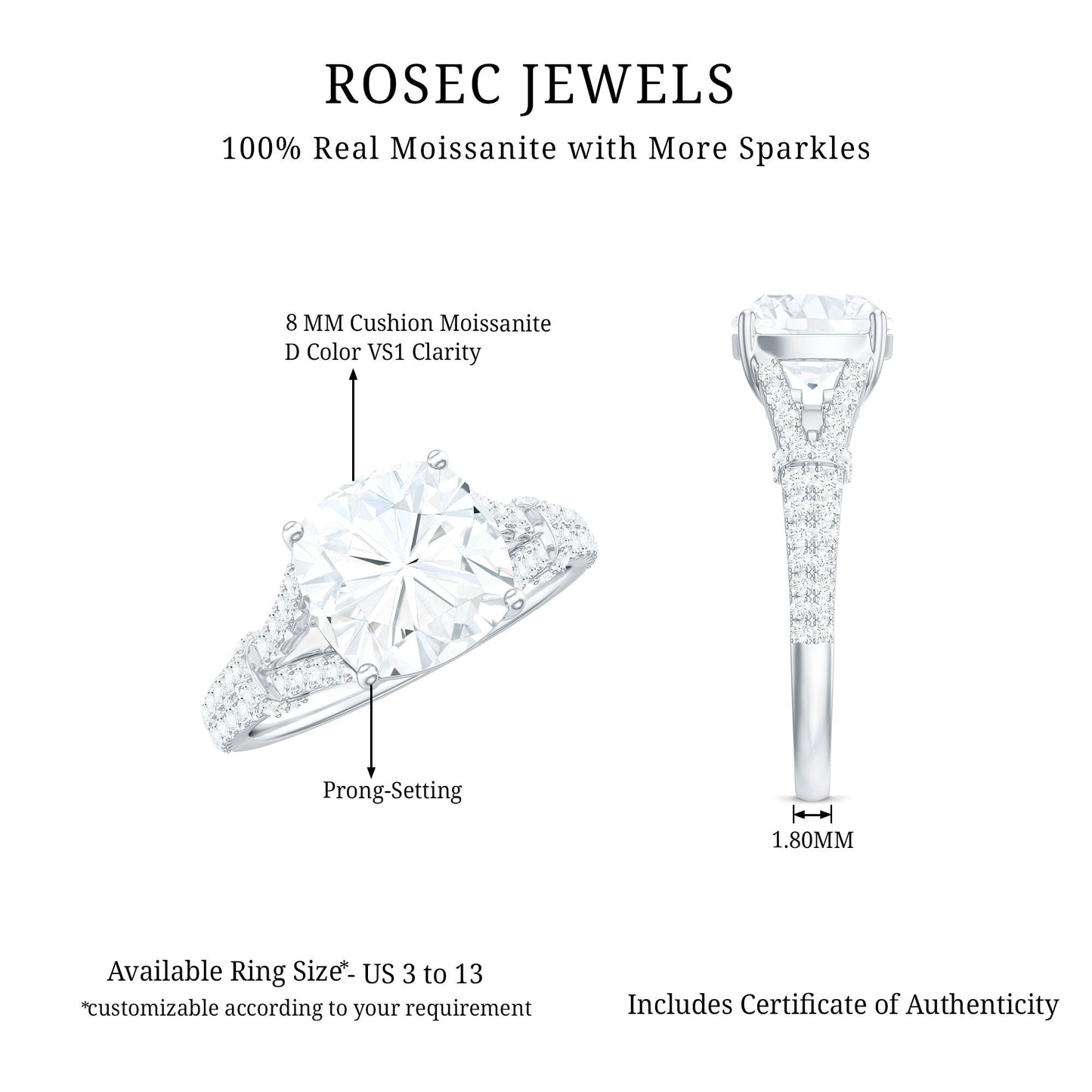 Cushion Cut Moissanite Solitaire Engagement Ring with Split Shank