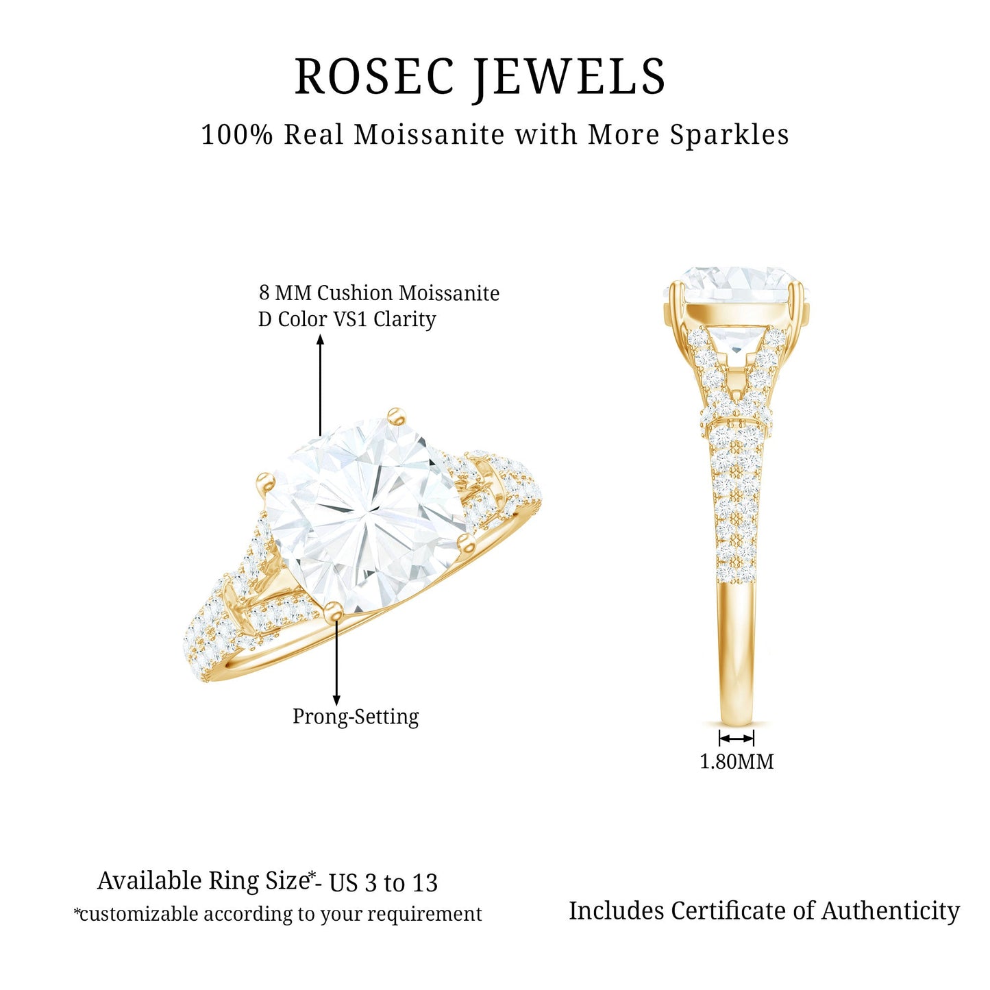 Cushion Cut Moissanite Solitaire Engagement Ring with Split Shank