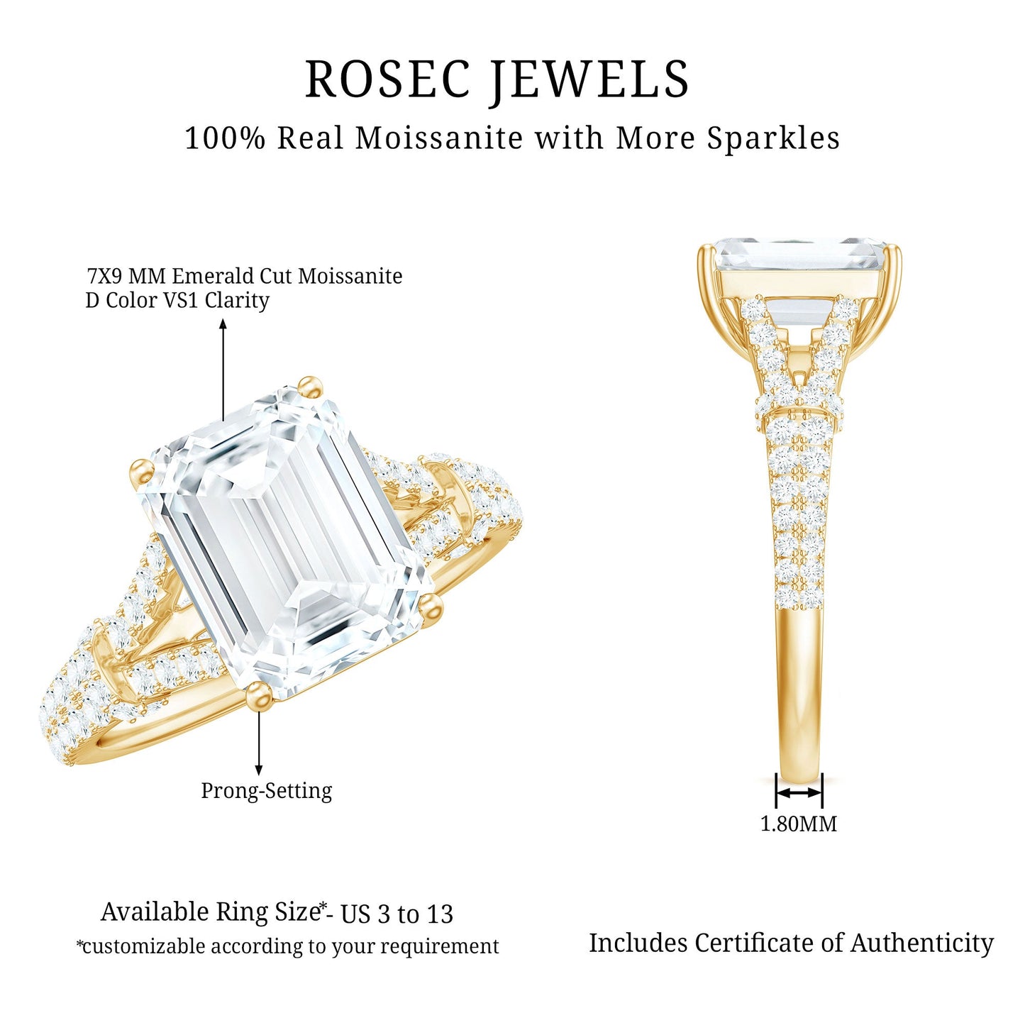 2.8 Carat Emerald Cut Moissanite Split Shank Engagement Ring for Women