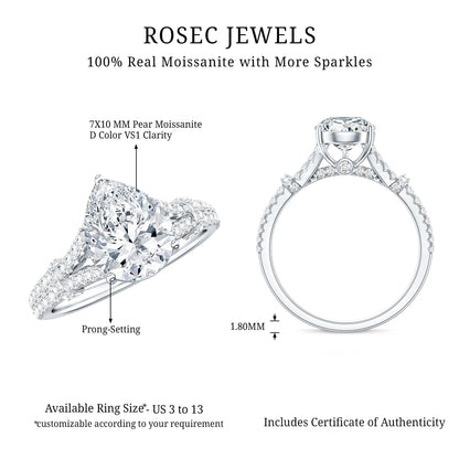Pear Shaped Moissanite Solitaire Engagement Ring in Split Shank