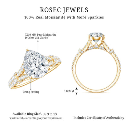 Pear Shaped Moissanite Solitaire Engagement Ring in Split Shank