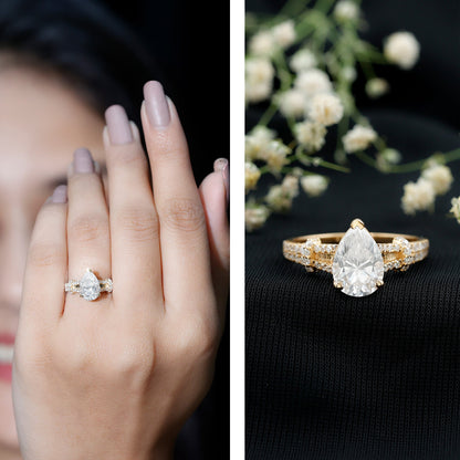 Pear Shaped Moissanite Solitaire Engagement Ring in Split Shank