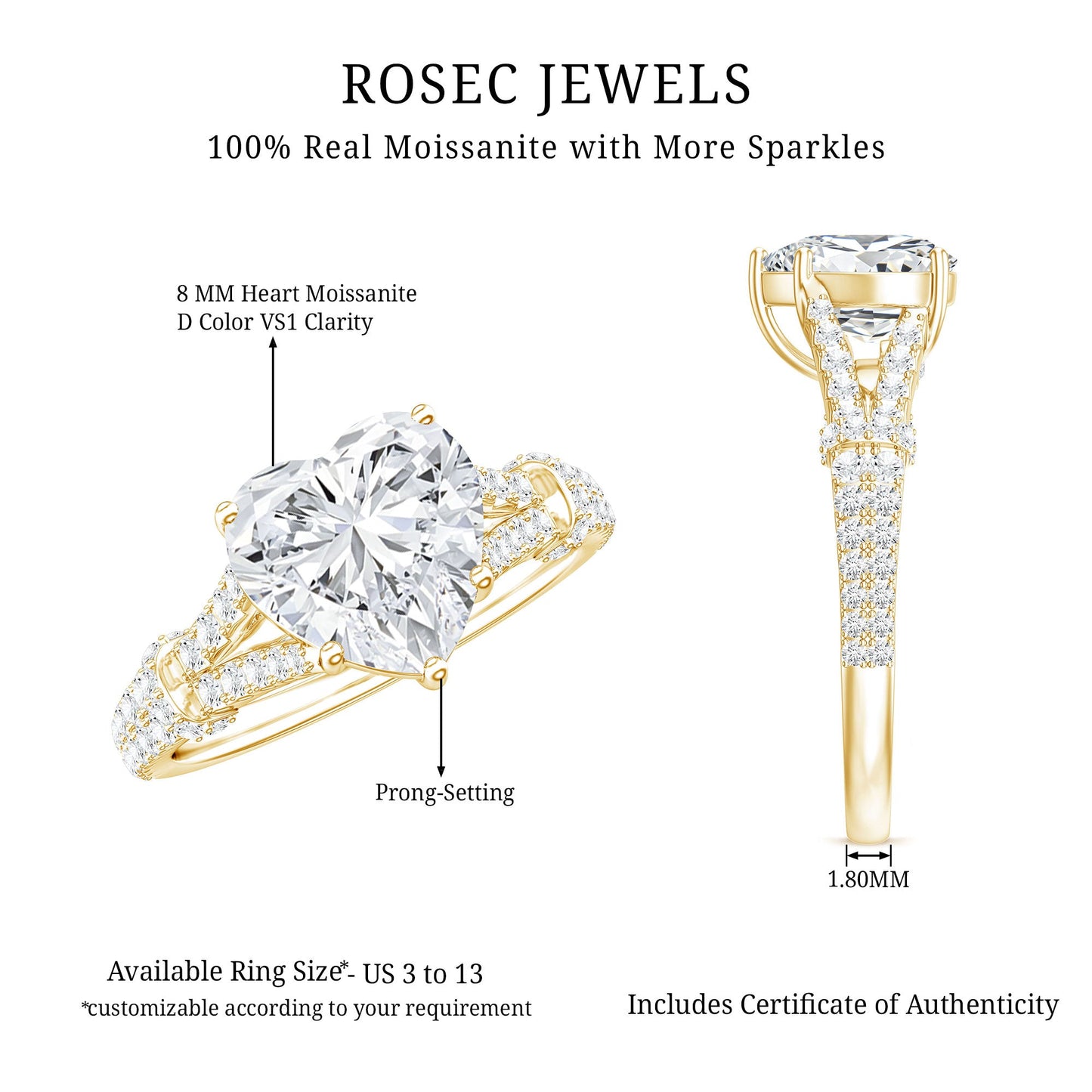 Heart Shape Moissanite Solitaire Engagement Ring in Split Shank
