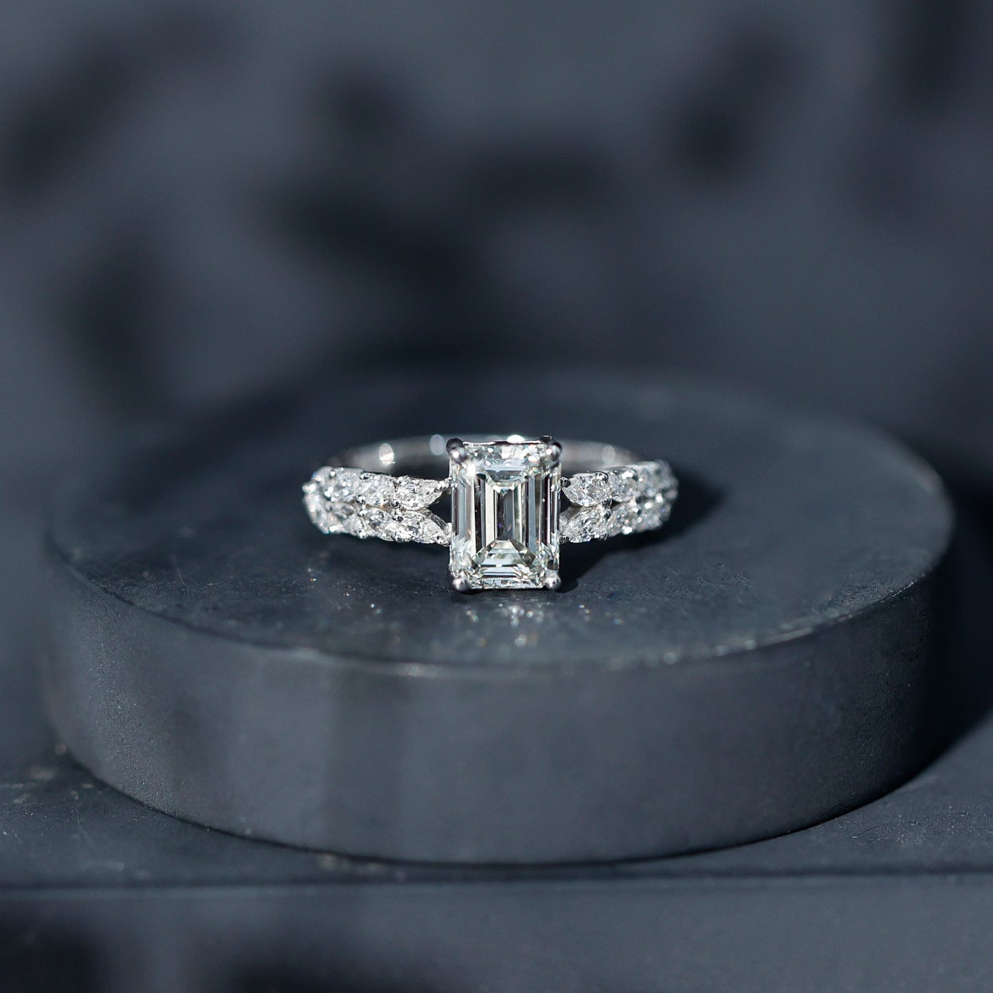 Certified Moissanite Emerald Cut Engagement Ring with Side Stones