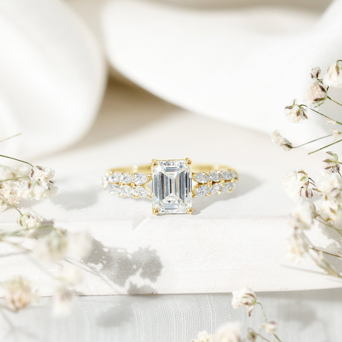Certified Moissanite Emerald Cut Engagement Ring with Side Stones
