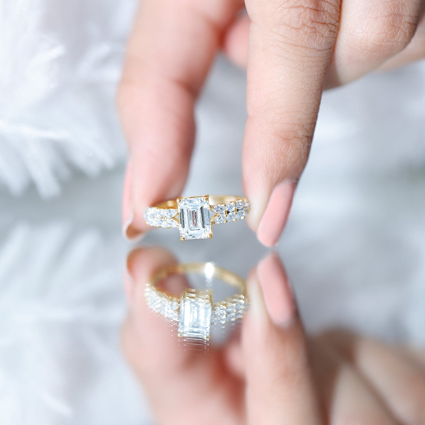 Certified Moissanite Emerald Cut Engagement Ring with Side Stones