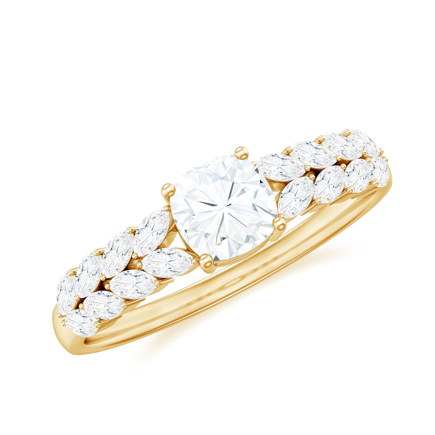 Cushion Cut Moissanite Solitaire Engagement Ring with Side Stones