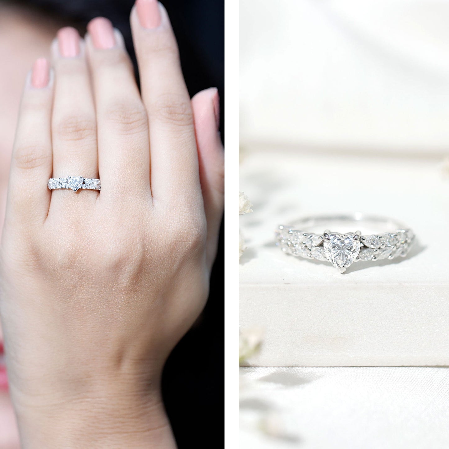 Heart Shape Moissanite Engagement Ring with Side Stones
