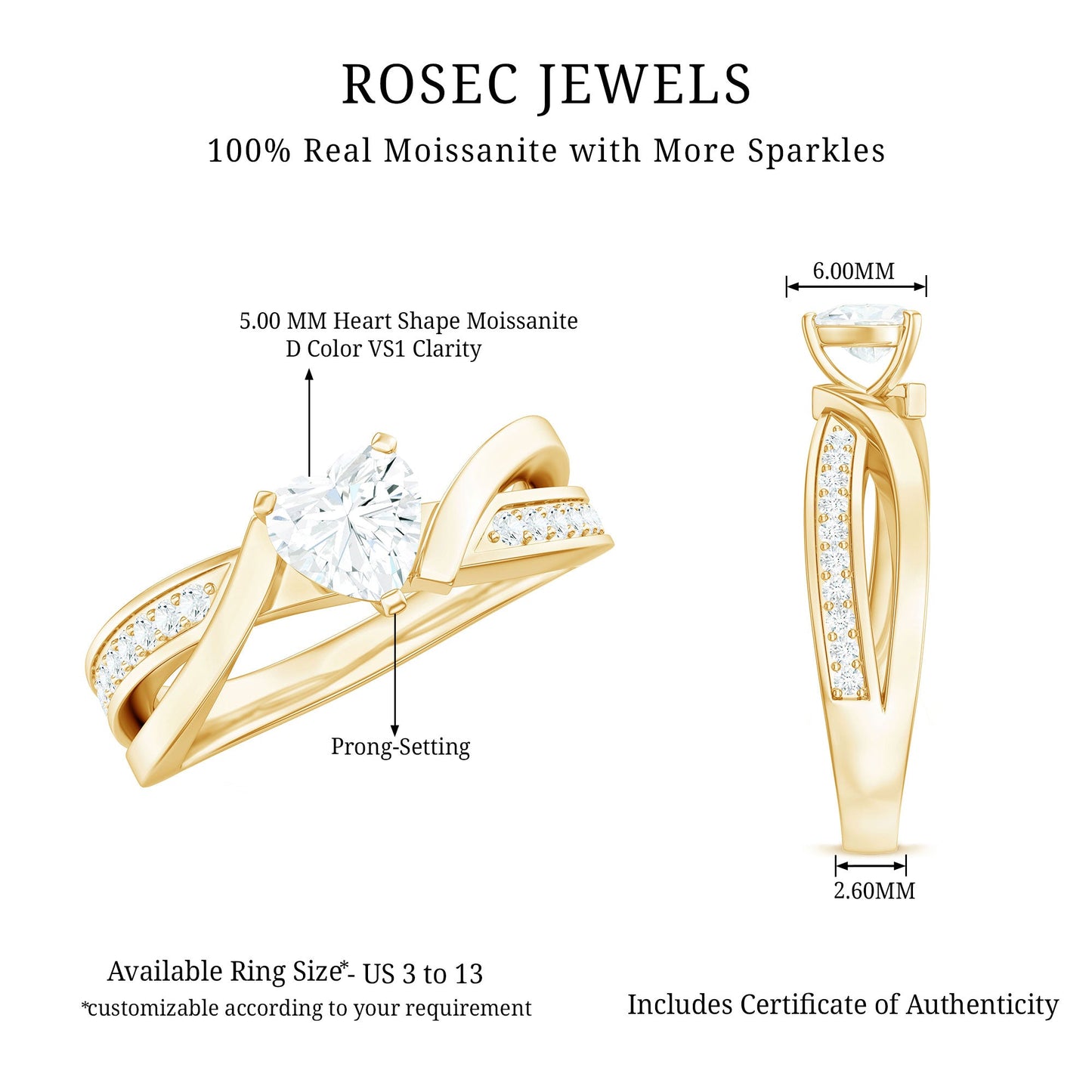 Certified Heart Moissanite Solitaire Engagement Ring