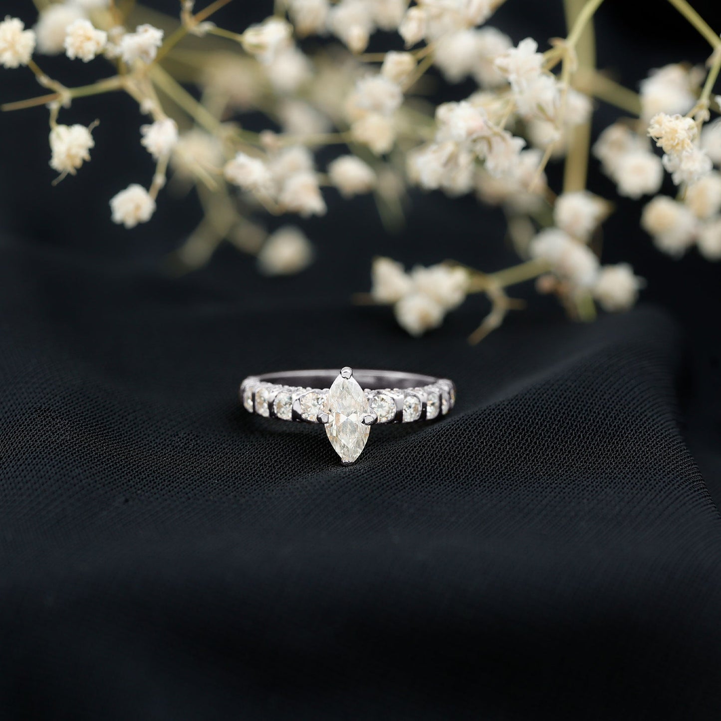 Marquise Moissanite Solitaire Engagement Ring with Side Stones