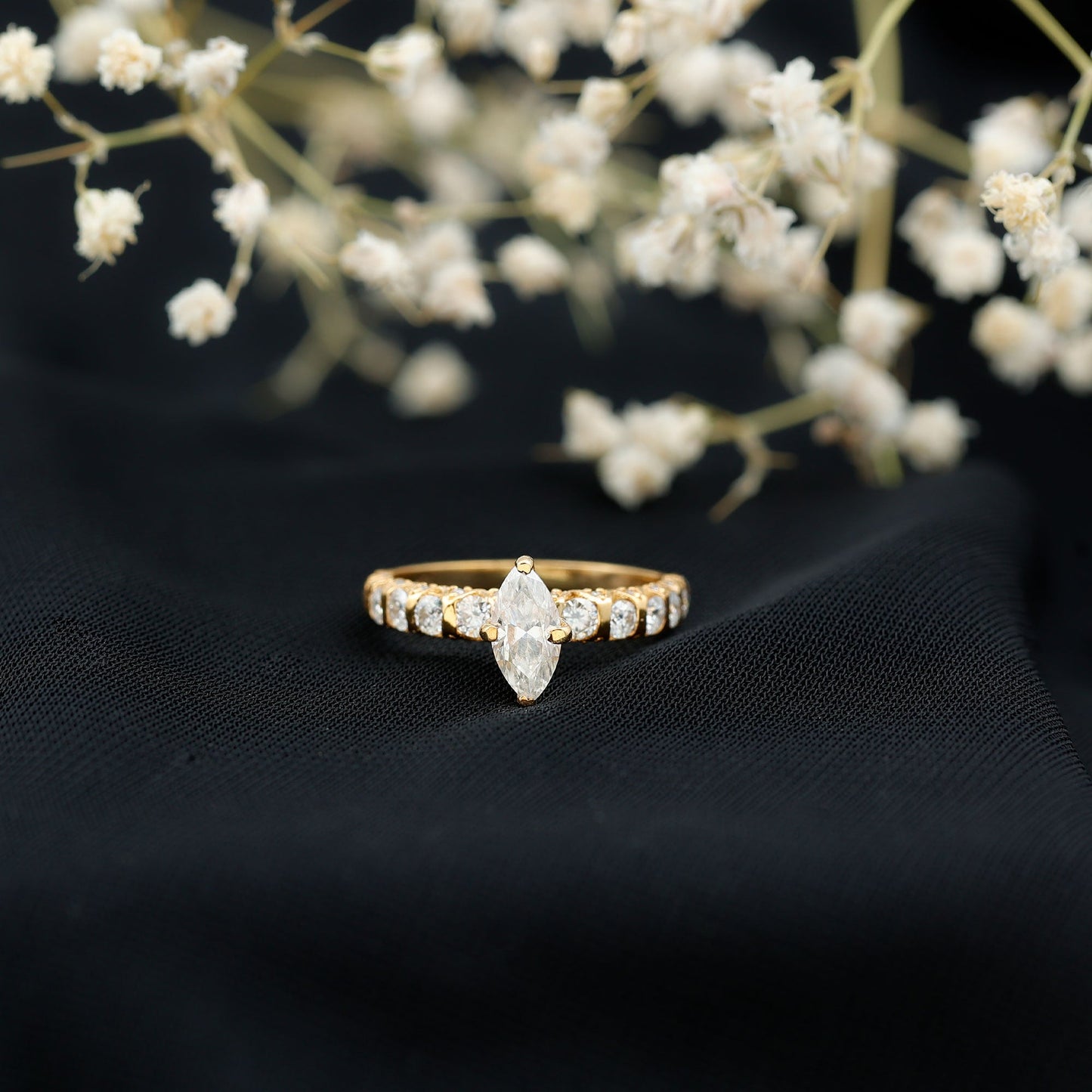 Marquise Moissanite Solitaire Engagement Ring with Side Stones