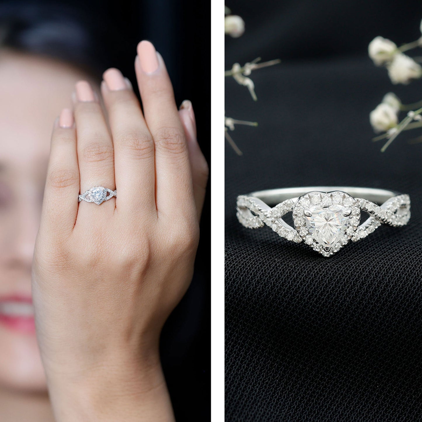 Heart Shape Moissanite Halo Engagement Ring with Infinity Band