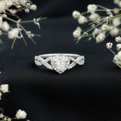 Heart Shape Moissanite Halo Engagement Ring with Infinity Band