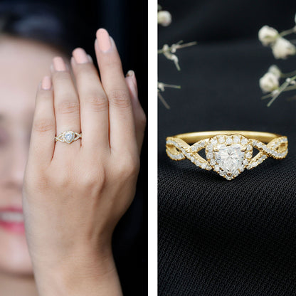 Heart Shape Moissanite Halo Engagement Ring with Infinity Band
