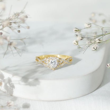 Heart Shape Moissanite Halo Engagement Ring with Infinity Band