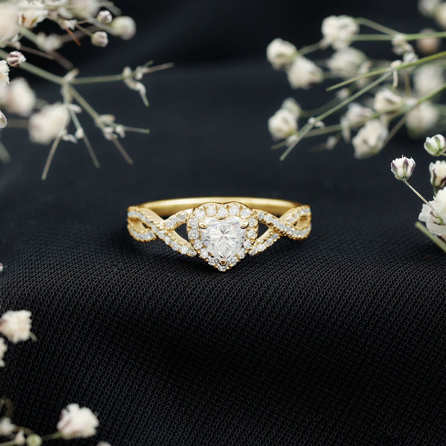 Heart Shape Moissanite Halo Engagement Ring with Infinity Band