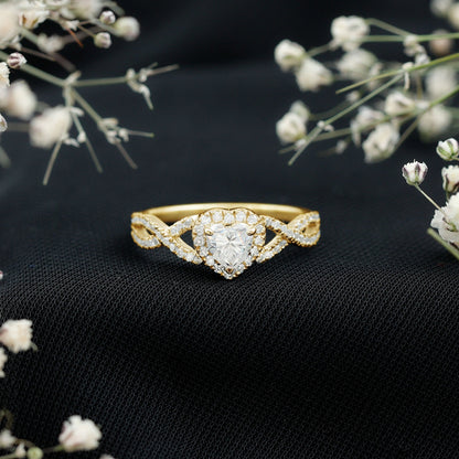 Heart Shape Moissanite Halo Engagement Ring with Infinity Band