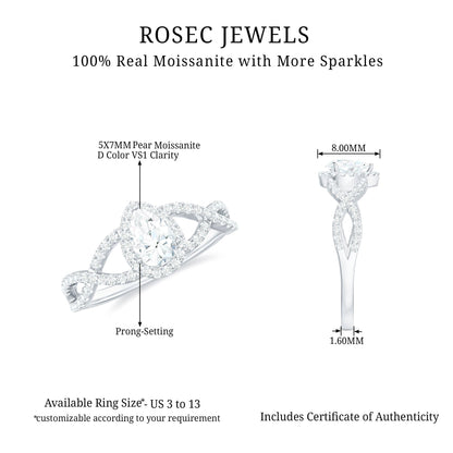 Pear Shaped Moissanite Crossover Engagement Ring with Halo