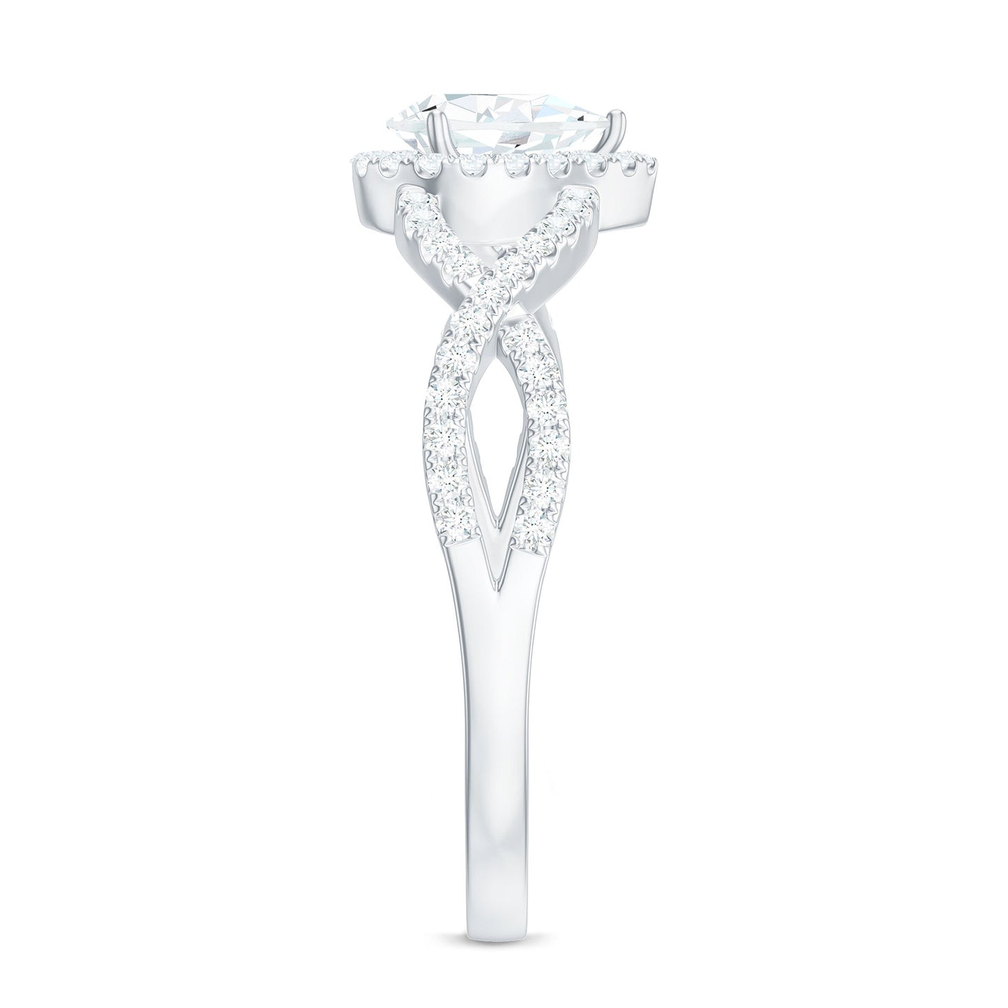 Pear Shaped Moissanite Crossover Engagement Ring with Halo
