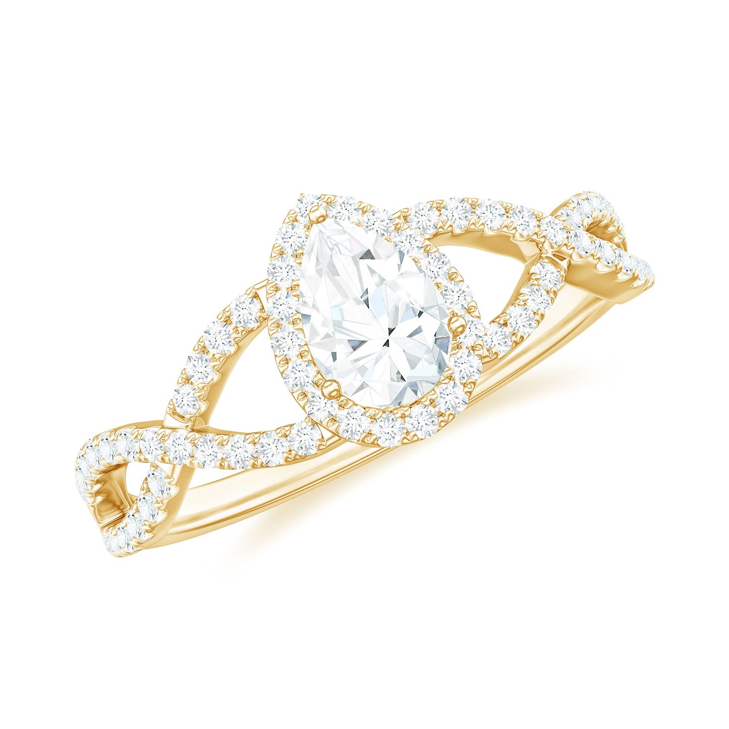 Pear Shaped Moissanite Crossover Engagement Ring with Halo
