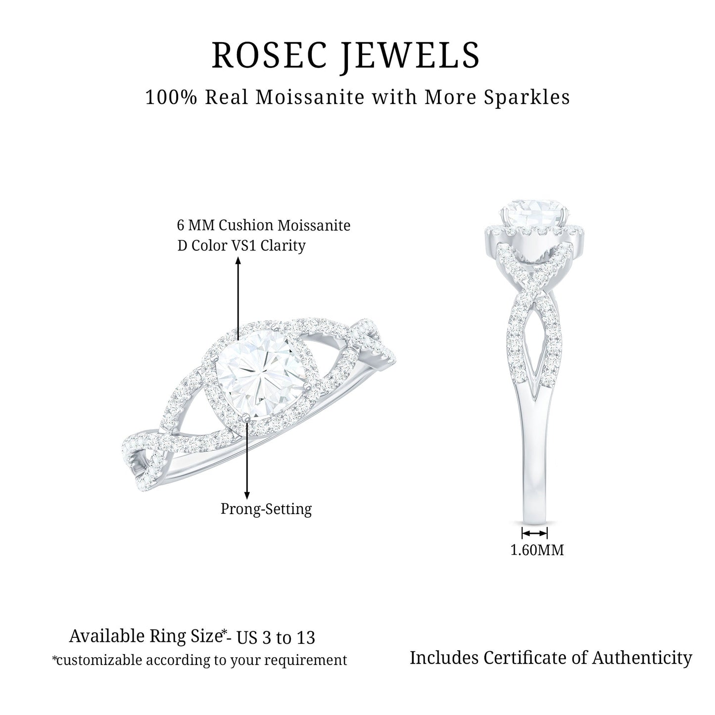 1.7 Carat Cushion Cut Moissanite Halo Engagement Ring with Crossover Shank