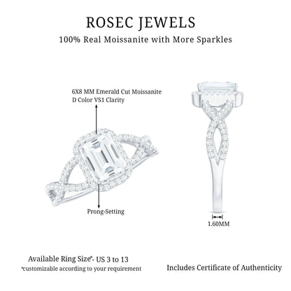 Certified Emerald Cut Moissanite Statement Ring with Crossover Shank