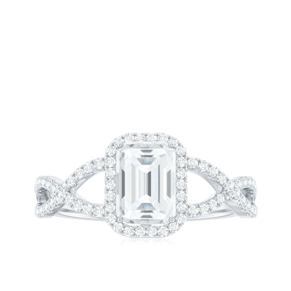 Certified Emerald Cut Moissanite Statement Ring with Crossover Shank