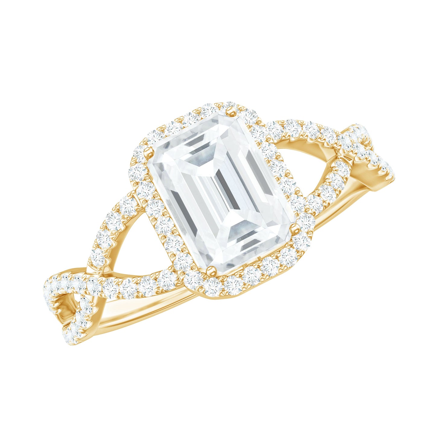 Certified Emerald Cut Moissanite Statement Ring with Crossover Shank