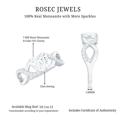 1.5 Carat Heart Shape Moissanite Solitaire Engagement Ring with Crossover Shank