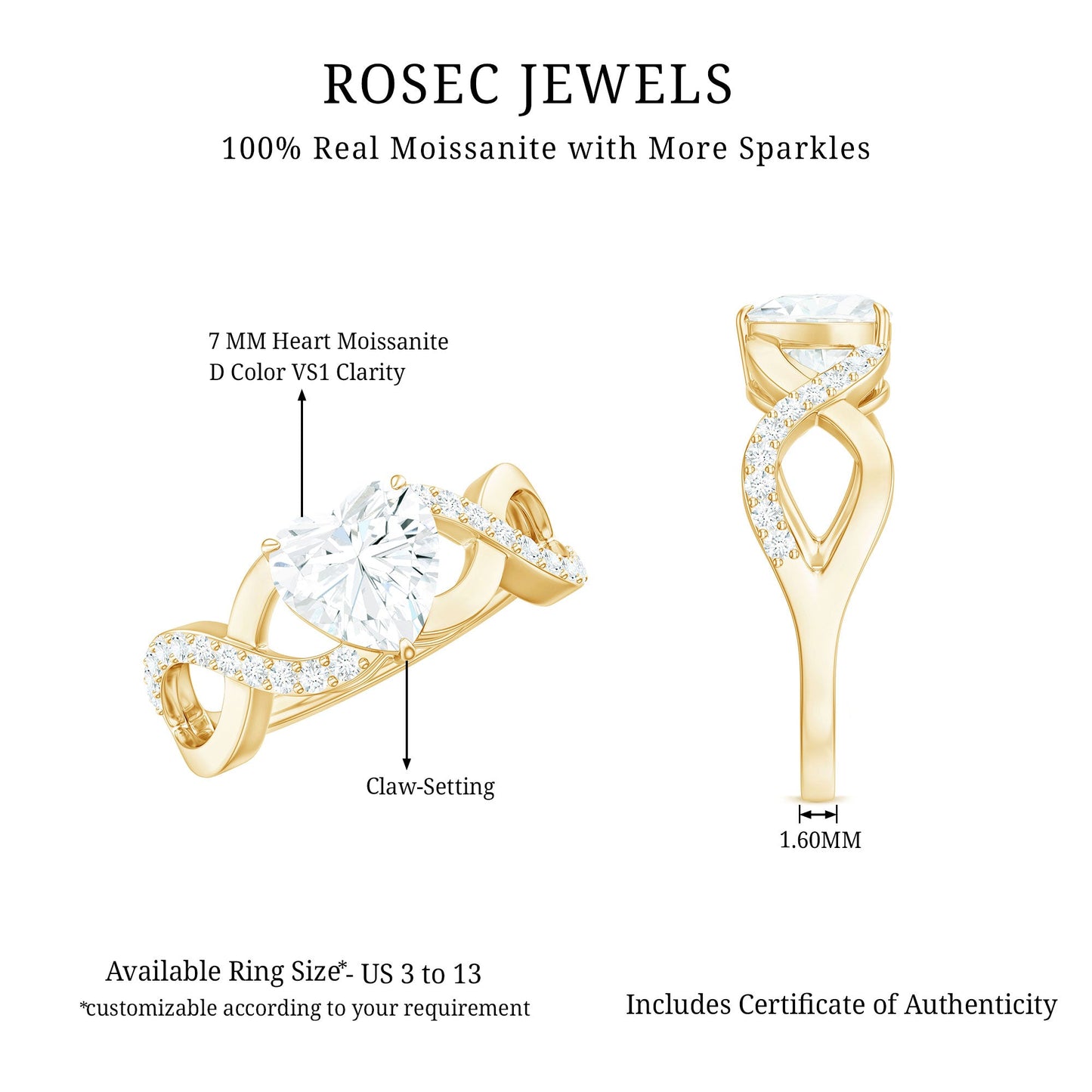 1.5 Carat Heart Shape Moissanite Solitaire Engagement Ring with Crossover Shank