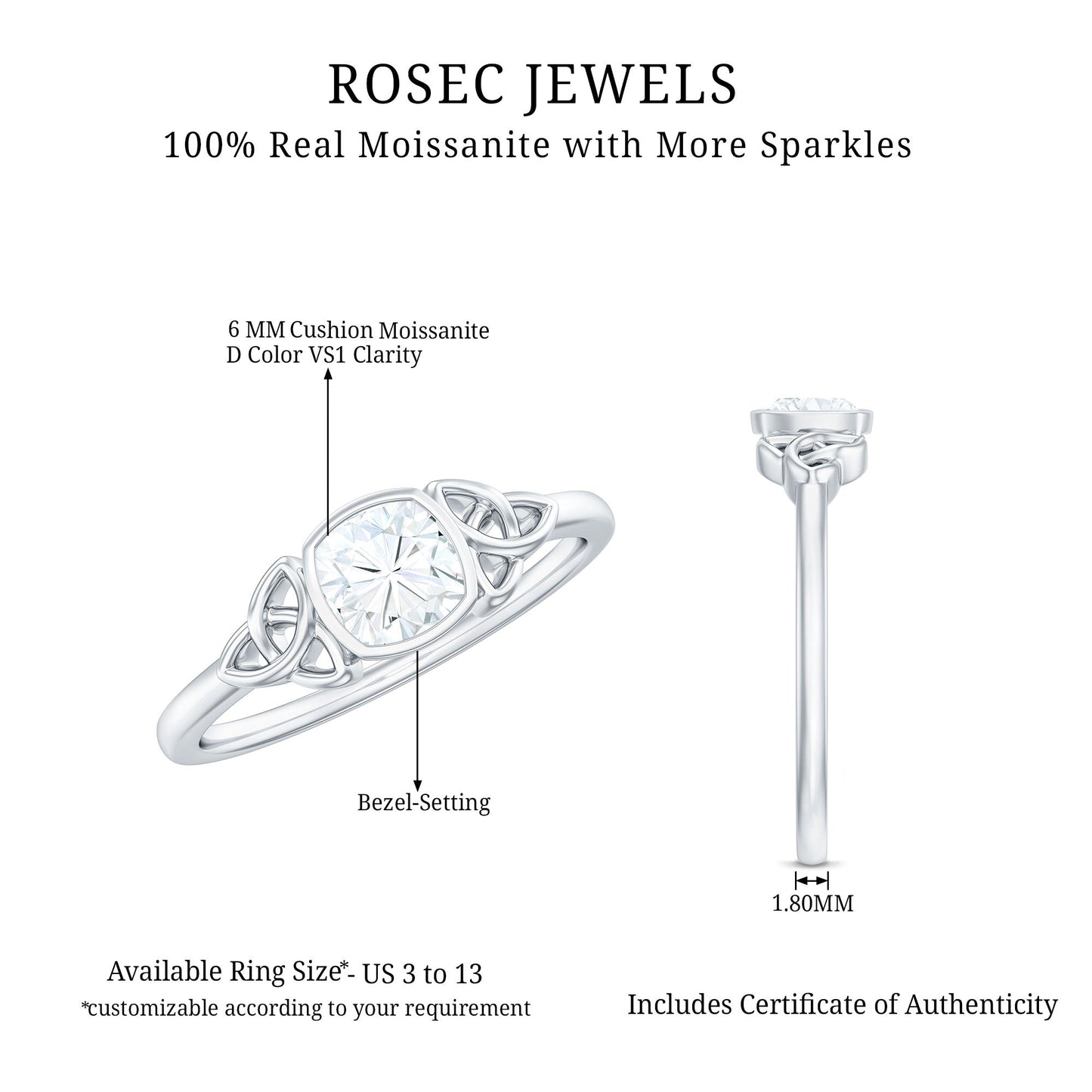 Brilliant Cut Moissanite Celtic Knot Engagement Ring in Bezel Setting